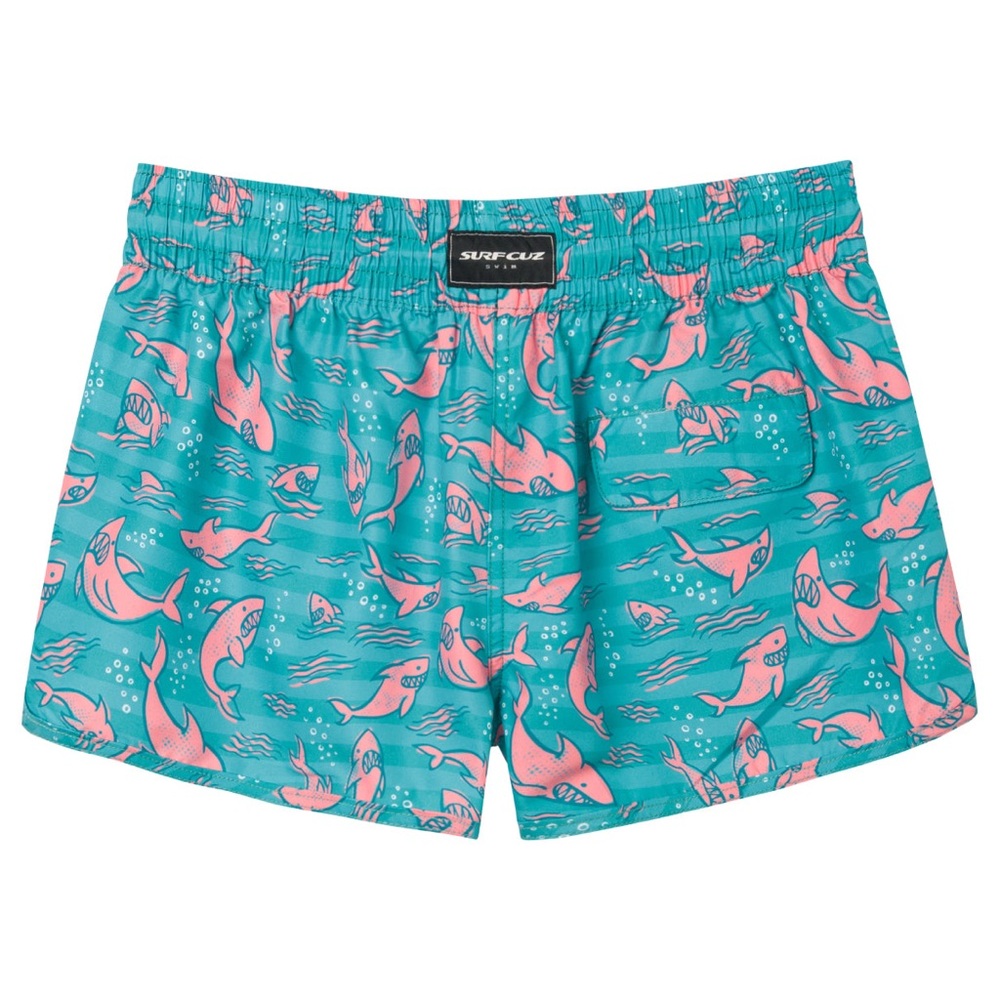 Women’s 2.5 inch Surfcuz Teal and Pink Shark Swim Shorts - Picture 2 of 8